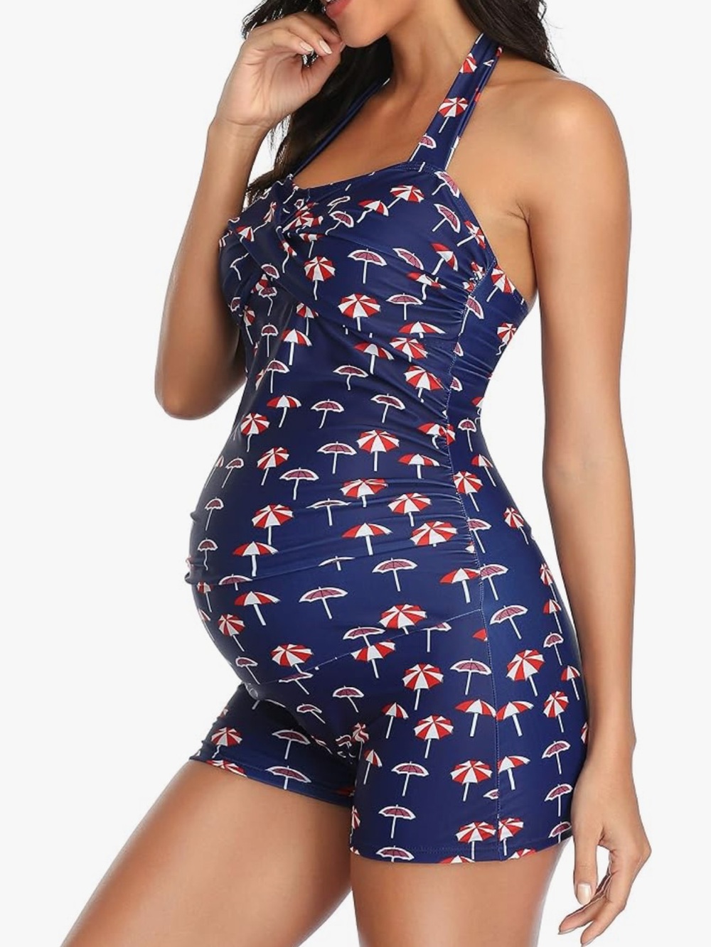 Navy Maternity Halter Swim Romper with Red & White Umbrella Print